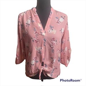 Wishful Park Rose Print Pink V-Neck Tie Front Blouse